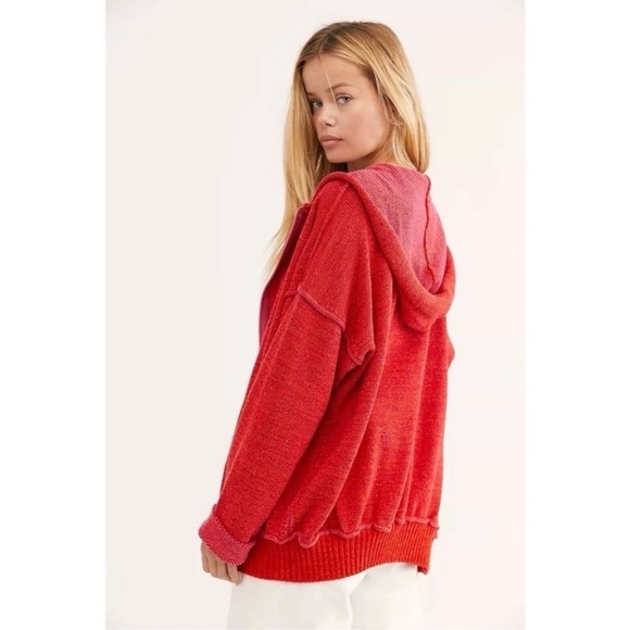 Free People In Bloom Oversized Textured Sweater Knit Zip Up Hoodie Red Hot Large - Picture 3 of 16
